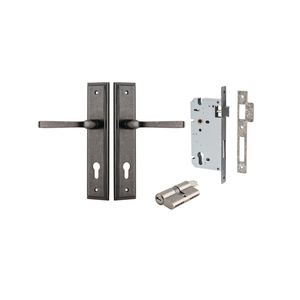 Annecy Lever - Stepped Backplate Distressed Nickel / Entrance / Entrance Kit Dual Function (Key-Key)