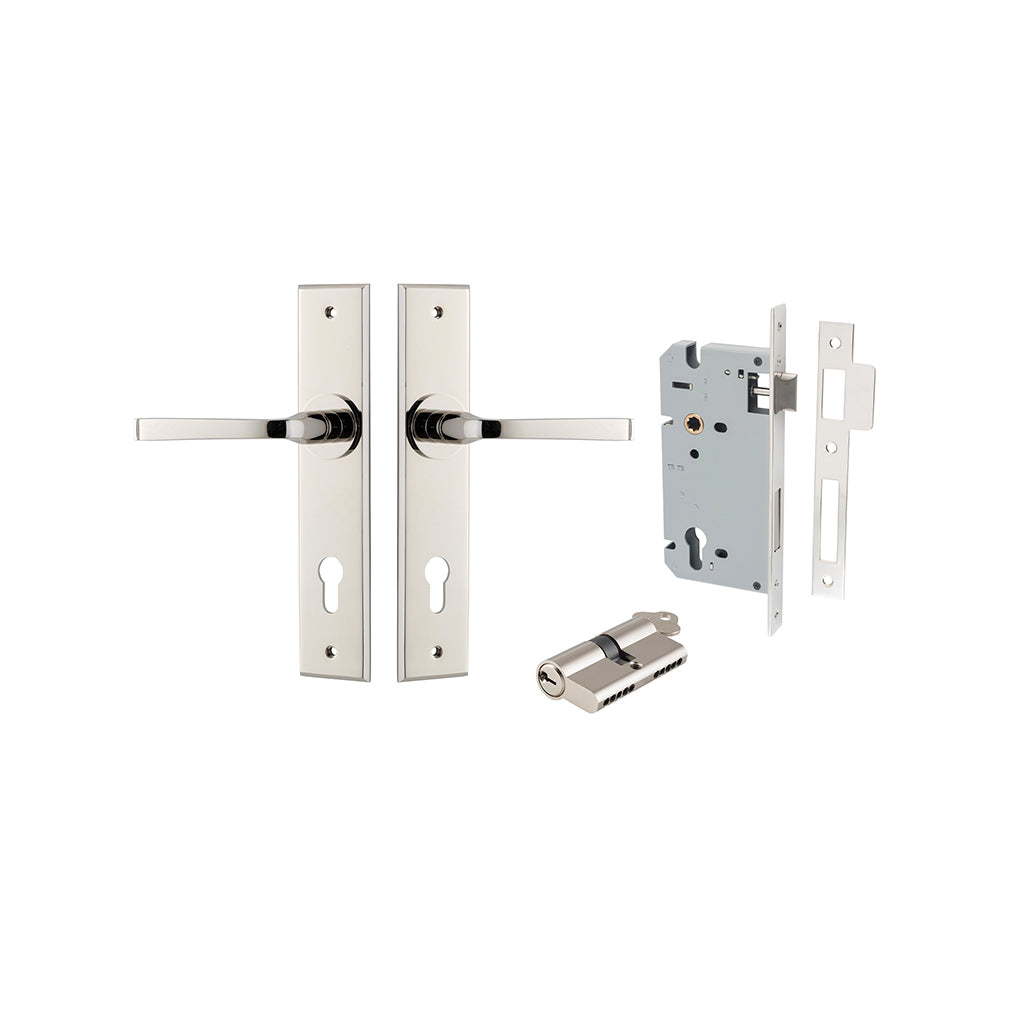 Annecy Lever - Chamfered Backplate Polished Nickel / Entrance / Entrance Kit Dual Function (Key-Key)