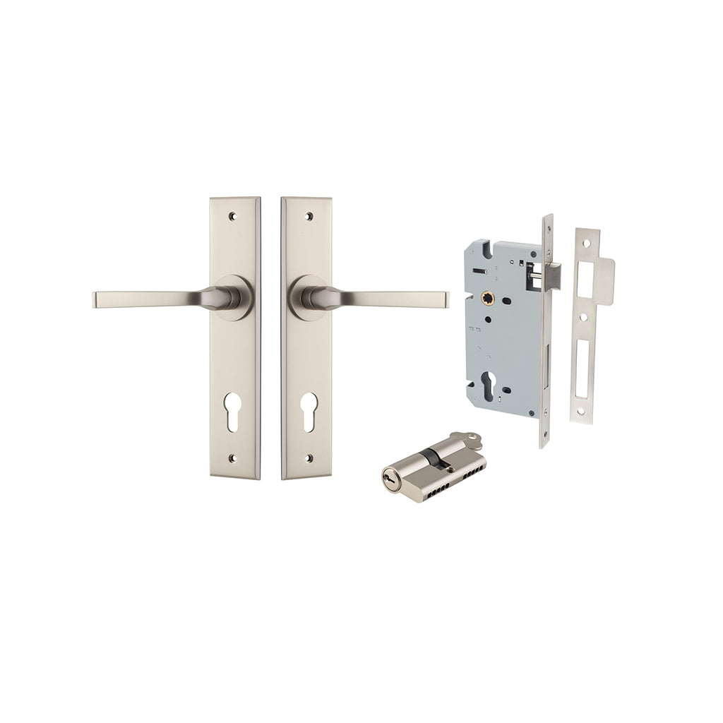 Annecy Lever - Chamfered Backplate Satin Nickel / Entrance / Entrance Kit Dual Function (Key-Key)