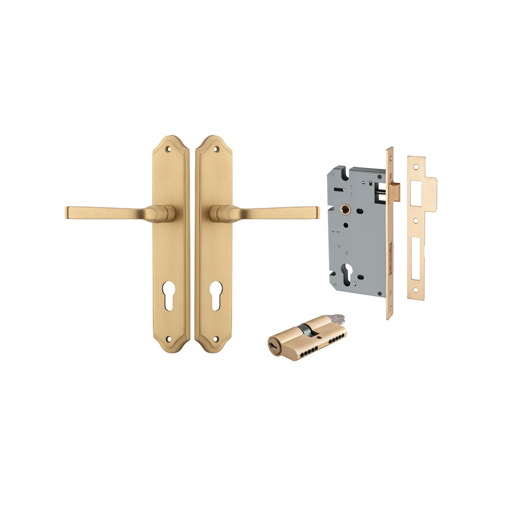 Annecy Lever - Shouldered Backplate Brushed Brass / Entrance / Entrance Kit Dual Function (Key-Key)