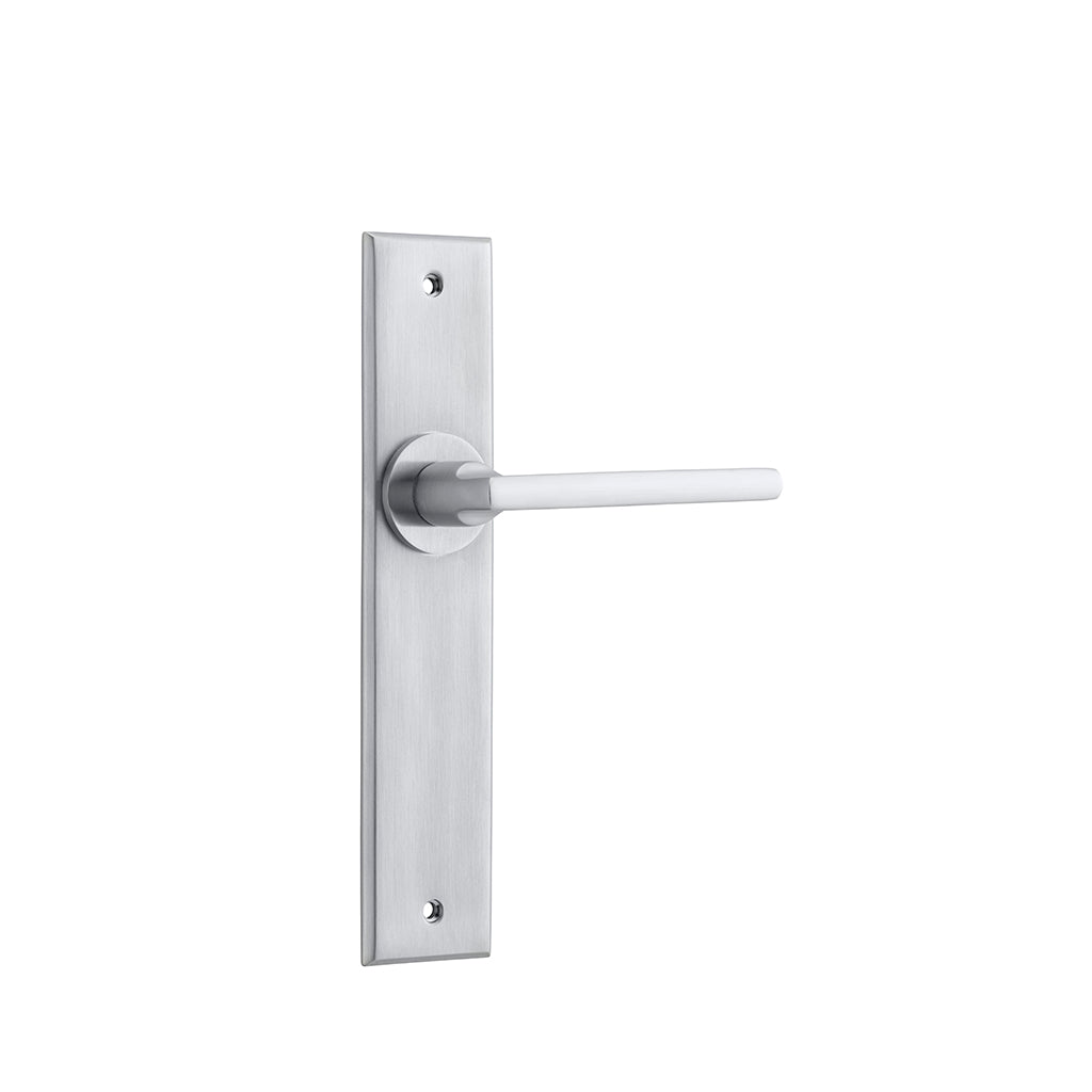 Baltimore Lever - Chamfered Backplate Brushed Chrome / Passage / Lever Set Only