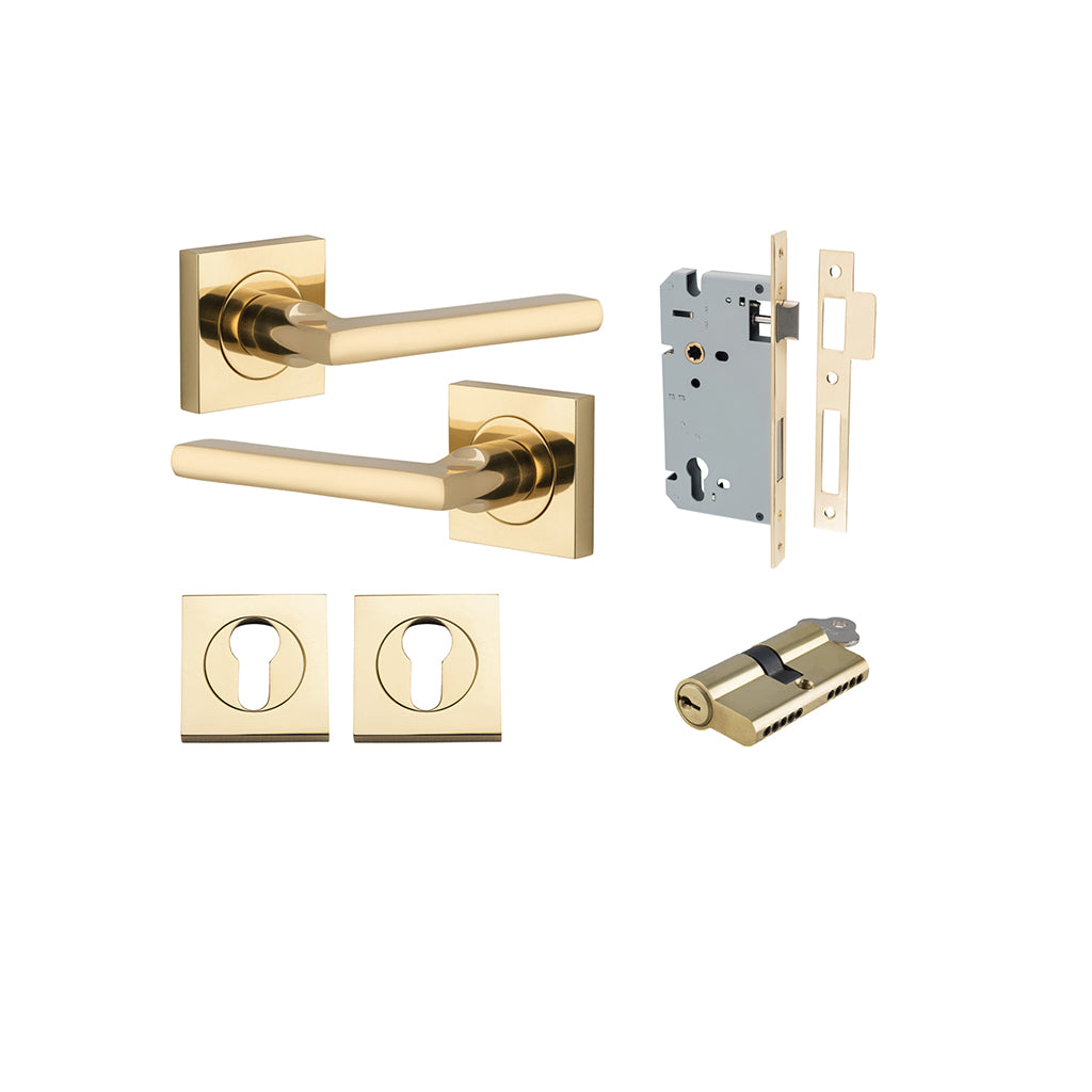 Baltimore Lever - Square Rose Polished Brass / Entrance / Entrance Kit Dual Function (Key-Key)