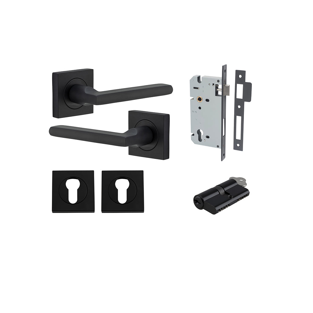 Baltimore Lever - Square Rose Matt Black / Entrance / Entrance Kit Dual Function (Key-Key)