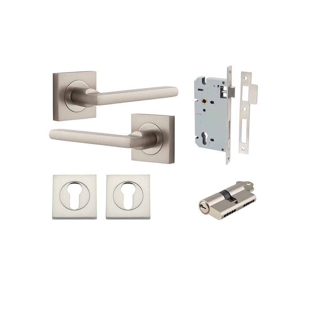 Baltimore Lever - Square Rose Satin Nickel / Entrance / Entrance Kit Dual Function (Key-Key)