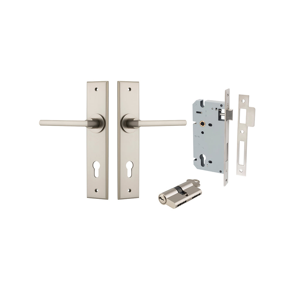 Baltimore Lever - Chamfered Backplate Satin Nickel / Entrance / Entrance Kit Dual Function (Key-Key)