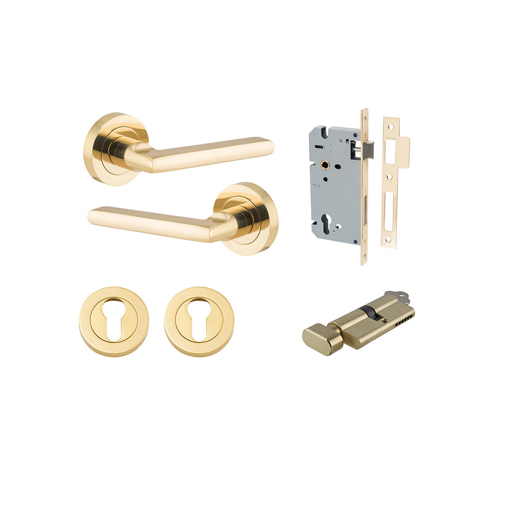Baltimore Lever - Round Rose Polished Brass / Entrance / Entrance Kit (Key-Thumb)