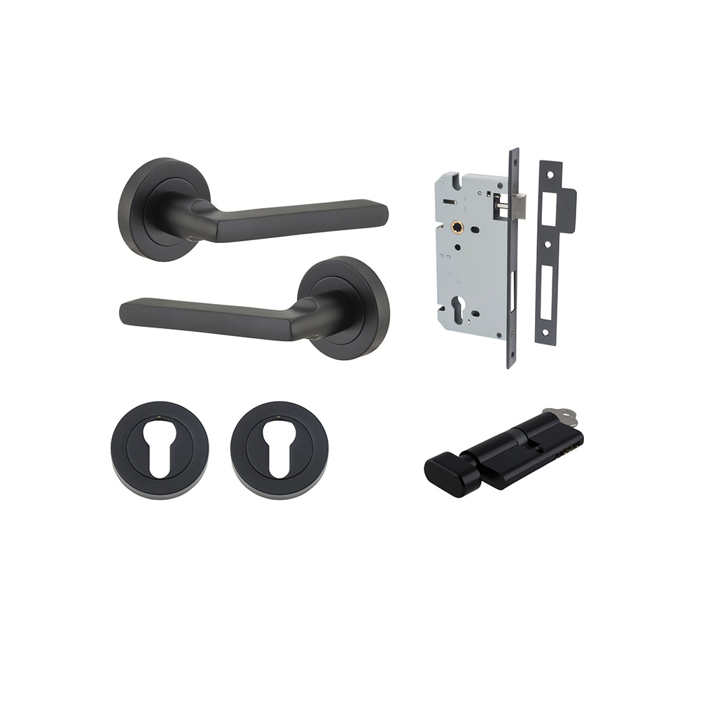 Baltimore Lever - Round Rose Matt Black / Entrance / Entrance Kit (Key-Thumb)