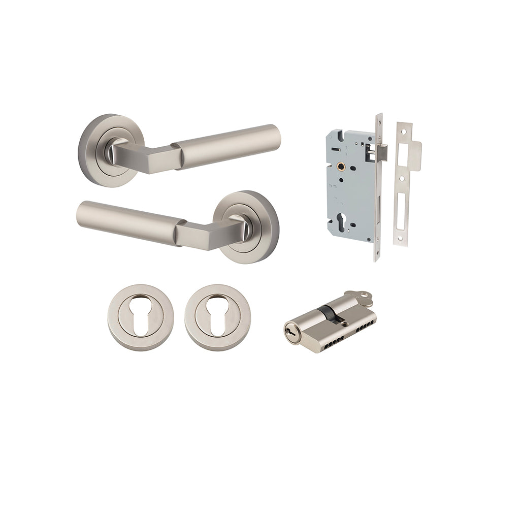 Berlin Lever - Round Rose Satin Nickel / Entrance / Entrance Kit Dual Function (Key-Key)