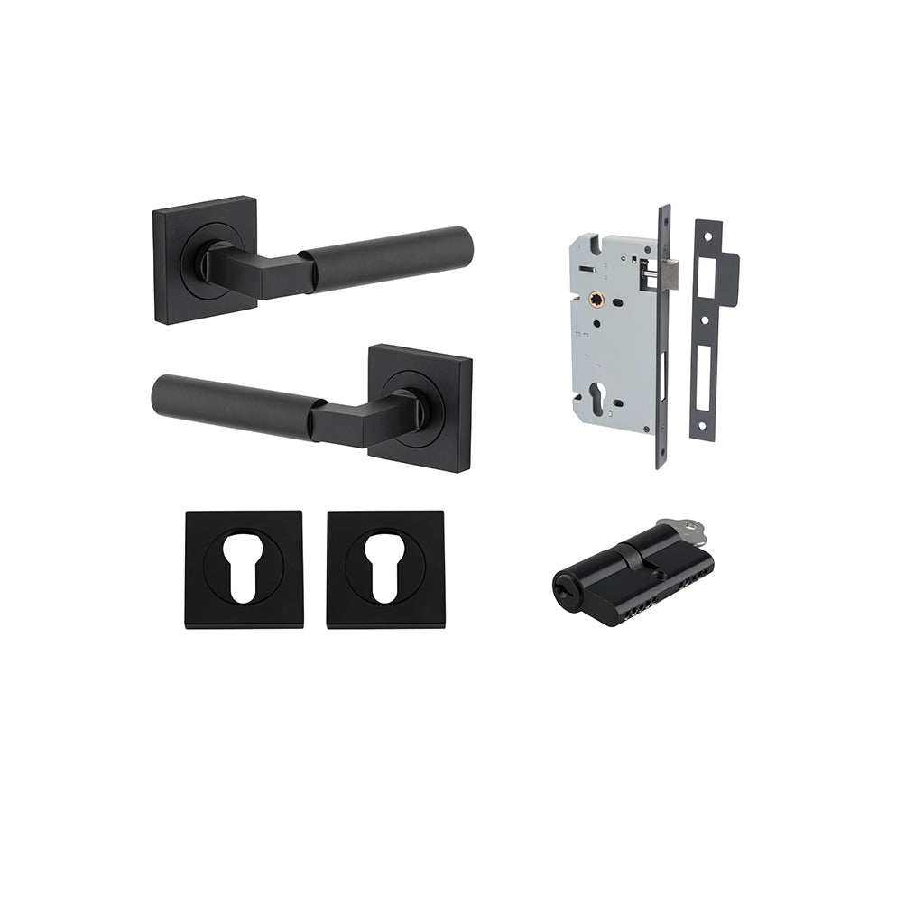 Berlin Lever - Square Rose Matt Black / Entrance / Entrance Kit Dual Function (Key-Key)