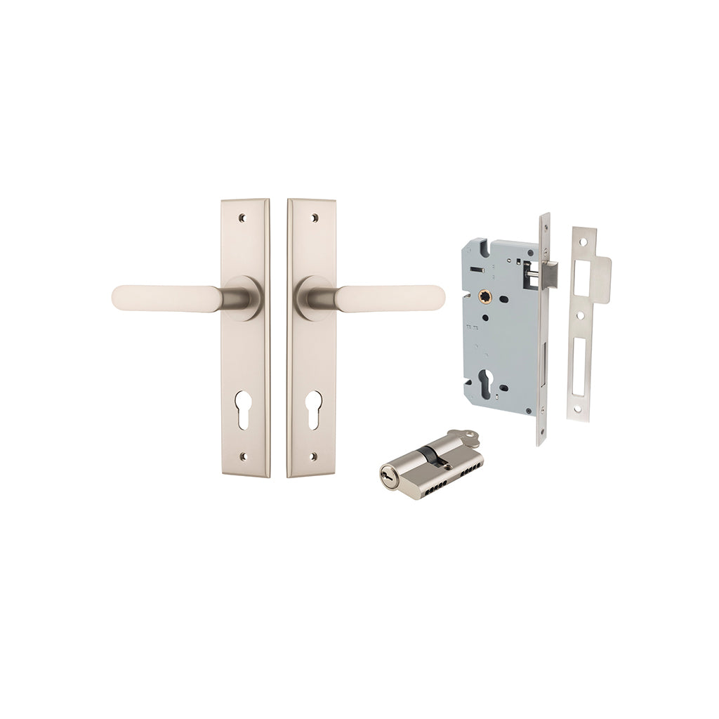 Bronte Lever - Chamfered Backplate Satin Nickel / Entrance / Entrance Kit Dual Function (Key-Key)