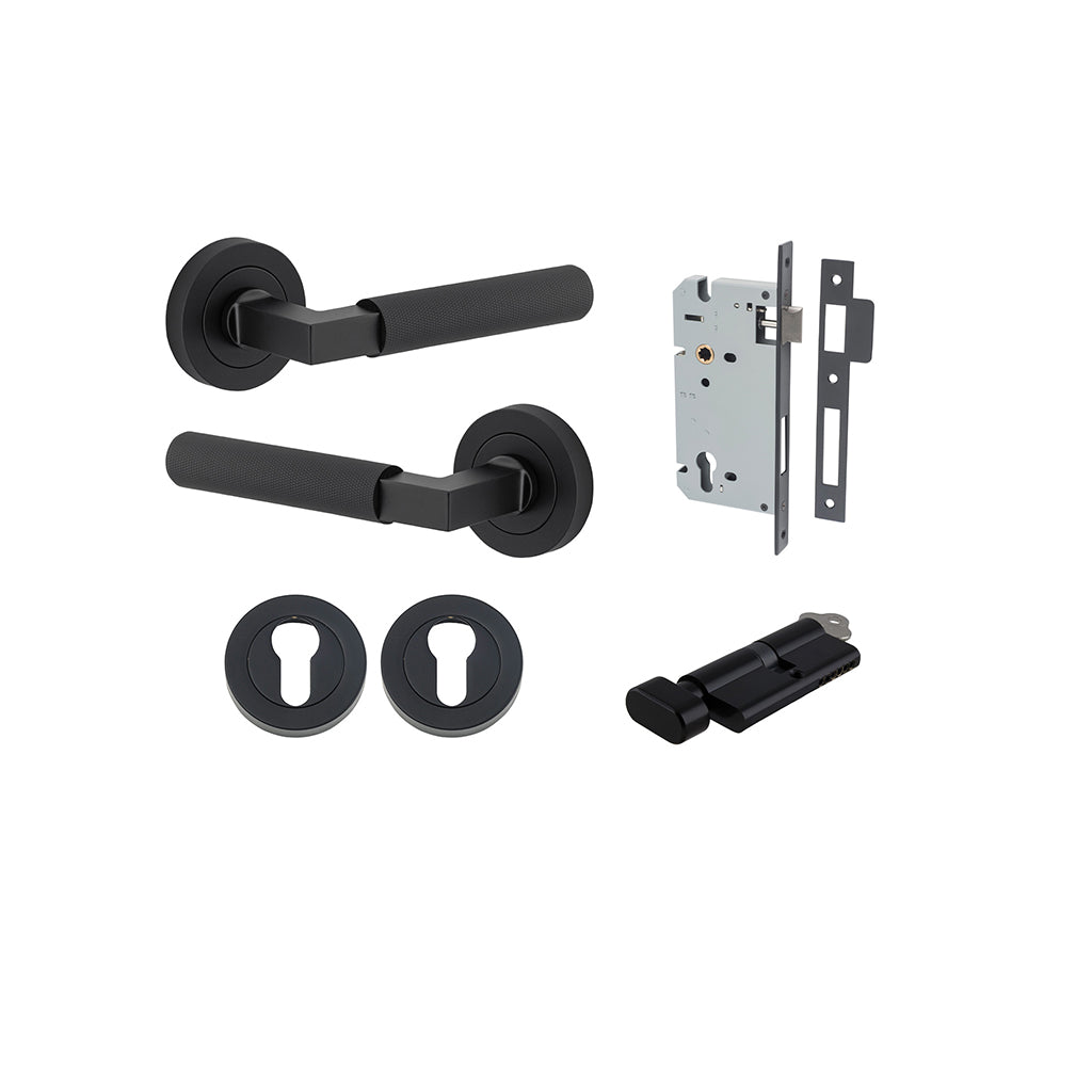 Brunswick Lever - Round Rose Matt Black / Entrance / Entrance Kit (Key-Thumb)