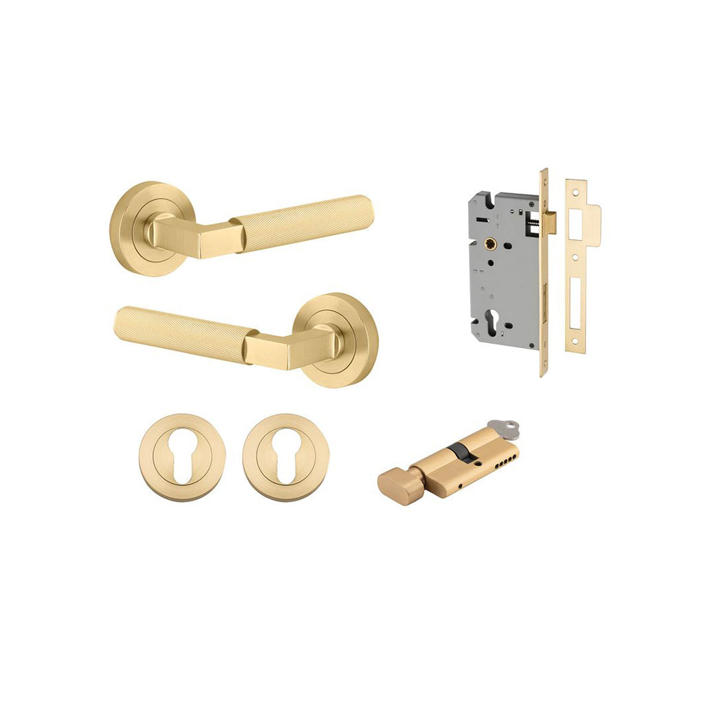 Brunswick Lever - Round Rose Brushed Gold PVD / Entrance / Entrance Kit (Key-Thumb)