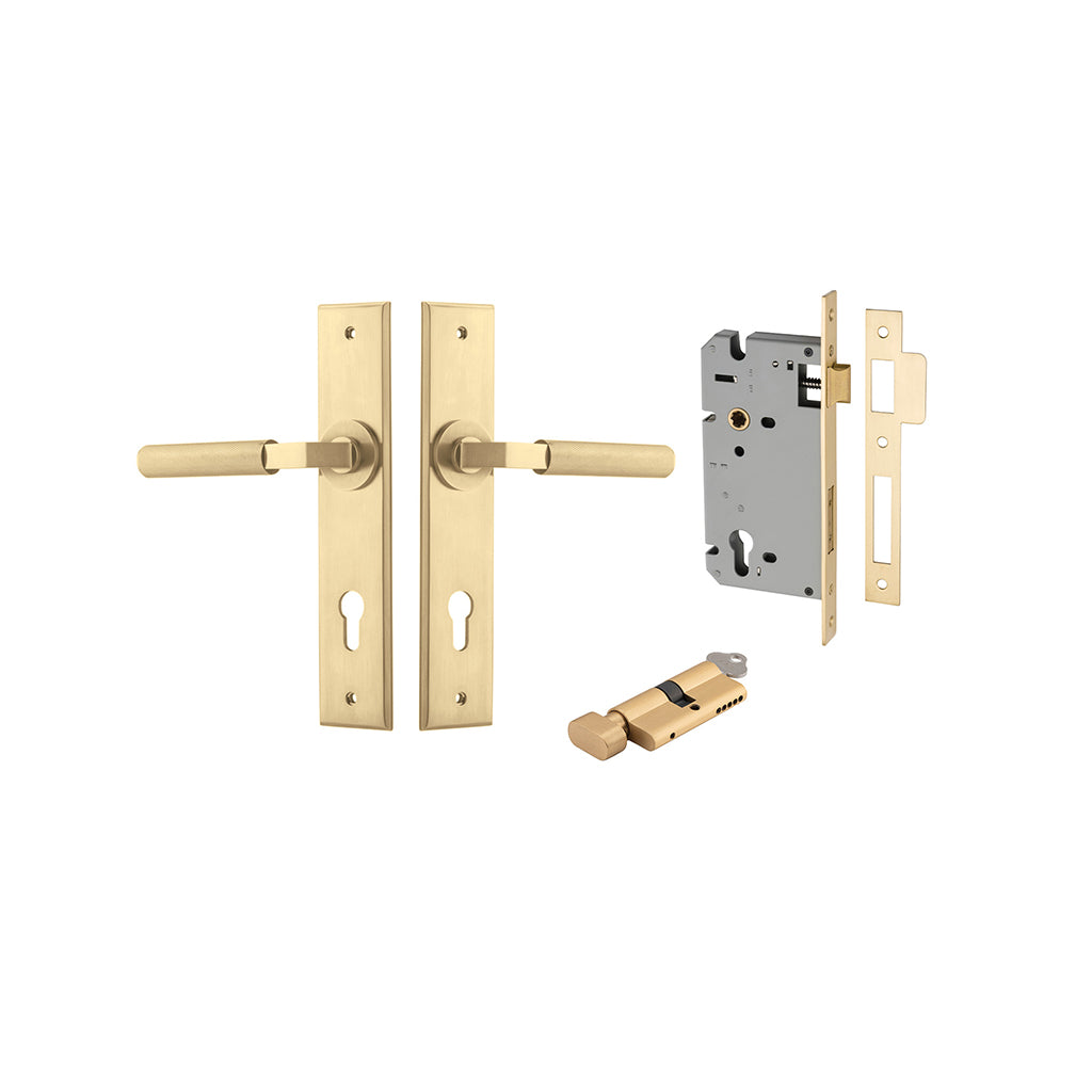 Brunswick Lever - Chamfered Backplate Brushed Gold PVD / Entrance / Entrance Kit (Key-Thumb)