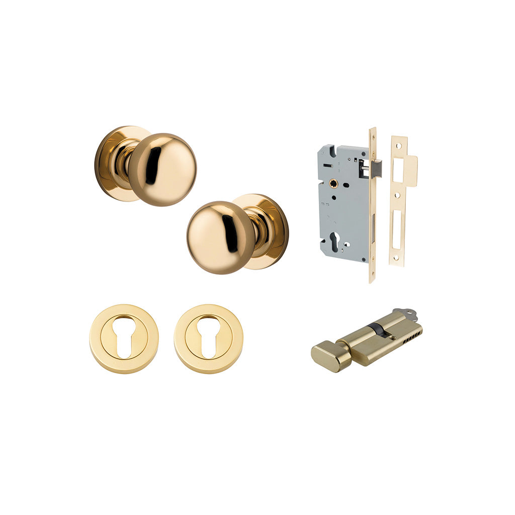 Cambridge Knob - Round Rose Polished Brass / Entrance / Entrance Kit (Key-Thumb)