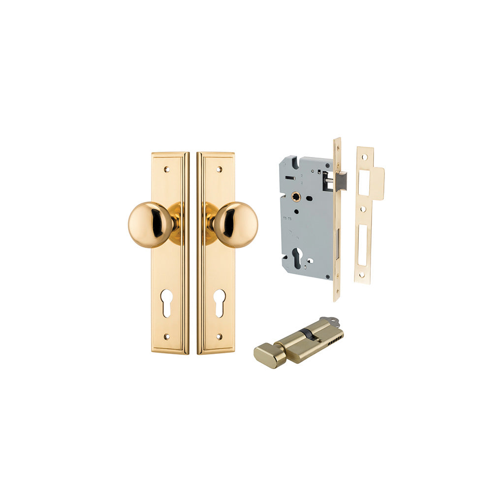 Cambridge Knob - Stepped Backplate Polished Brass / Entrance / Entrance Kit (Key-Thumb)