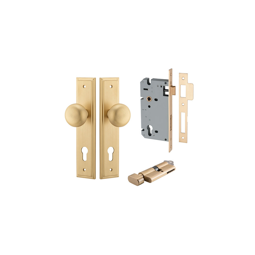 Cambridge Knob - Stepped Backplate Brushed Brass / Entrance / Entrance Kit (Key-Thumb)