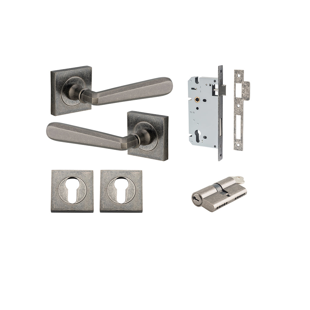 Copenhagen Lever - Square Rose Distressed Nickel / Entrance / Entrance Kit Dual Function (Key-Key)