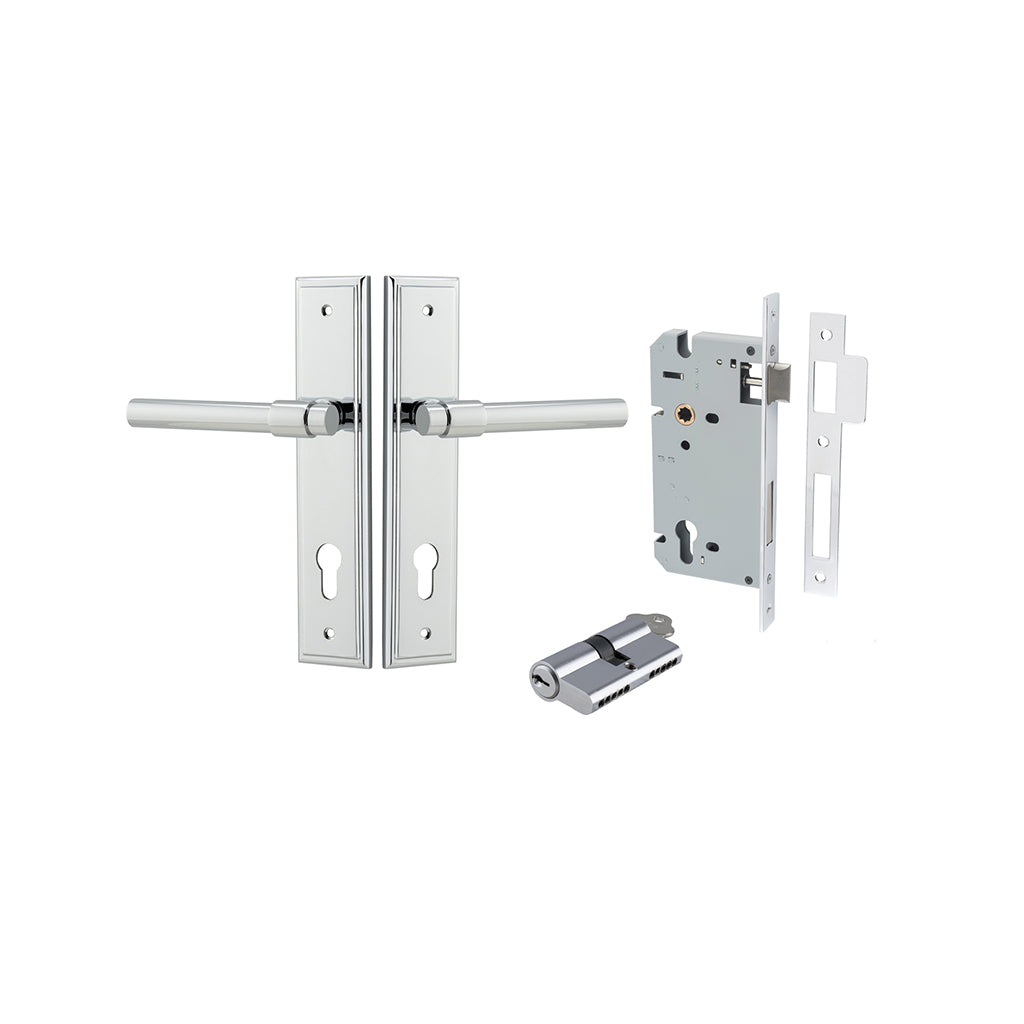 Helsinki Lever - Stepped Backplate Polished Chrome / Entrance / Entrance Kit Dual Function (Key-Key)