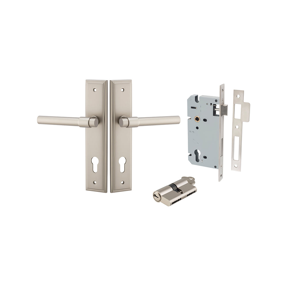 Helsinki Lever - Stepped Backplate Satin Nickel / Entrance / Entrance Kit Dual Function (Key-Key)
