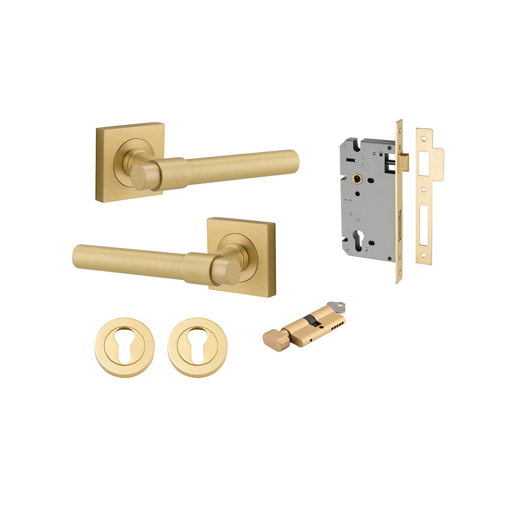 Helsinki Lever - Square Rose Brushed Gold PVD / Entrance / Entrance Kit (Key-Thumb)