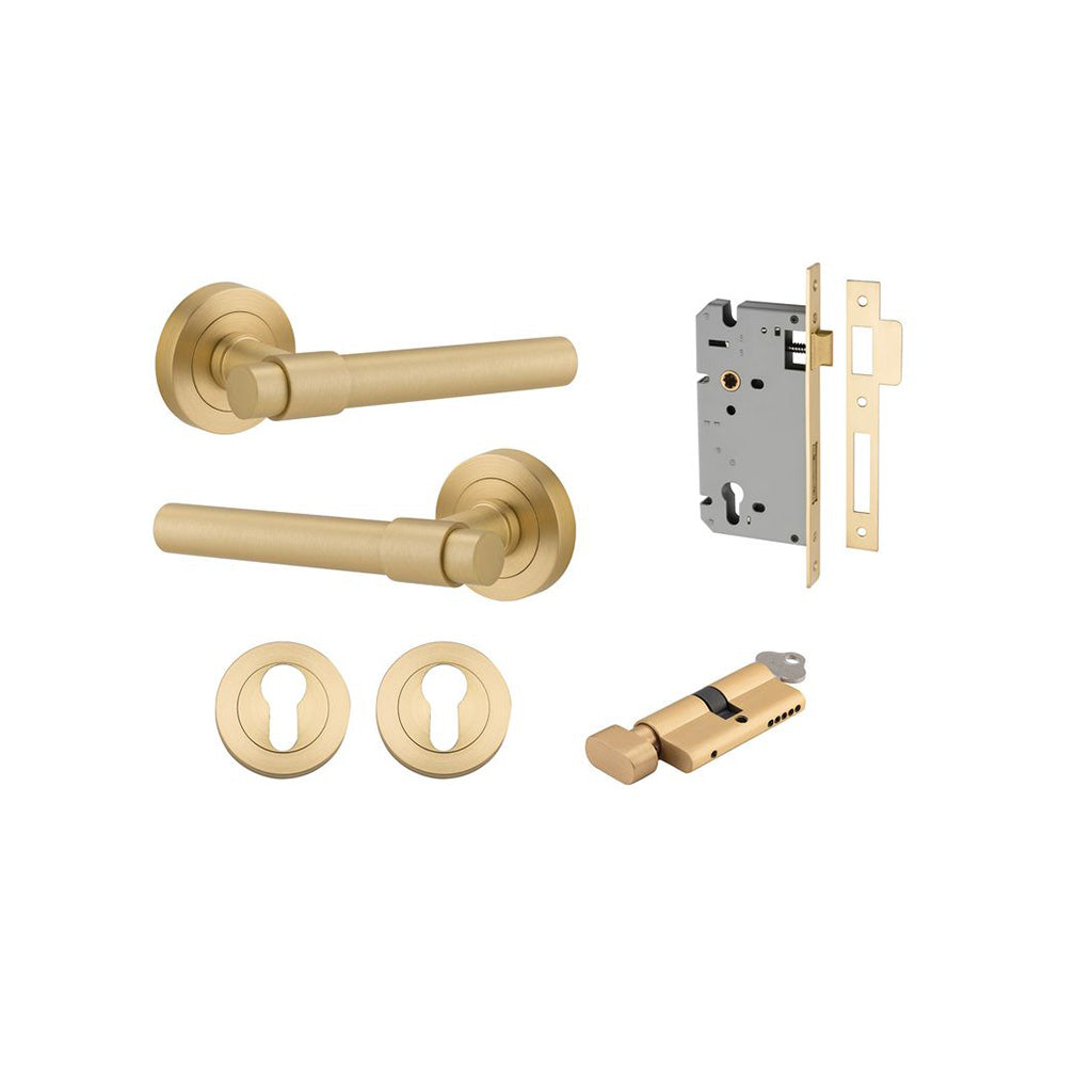 Helsinki Lever - Round Rose Brushed Gold PVD / Entrance / Entrance Kit (Key-Thumb)