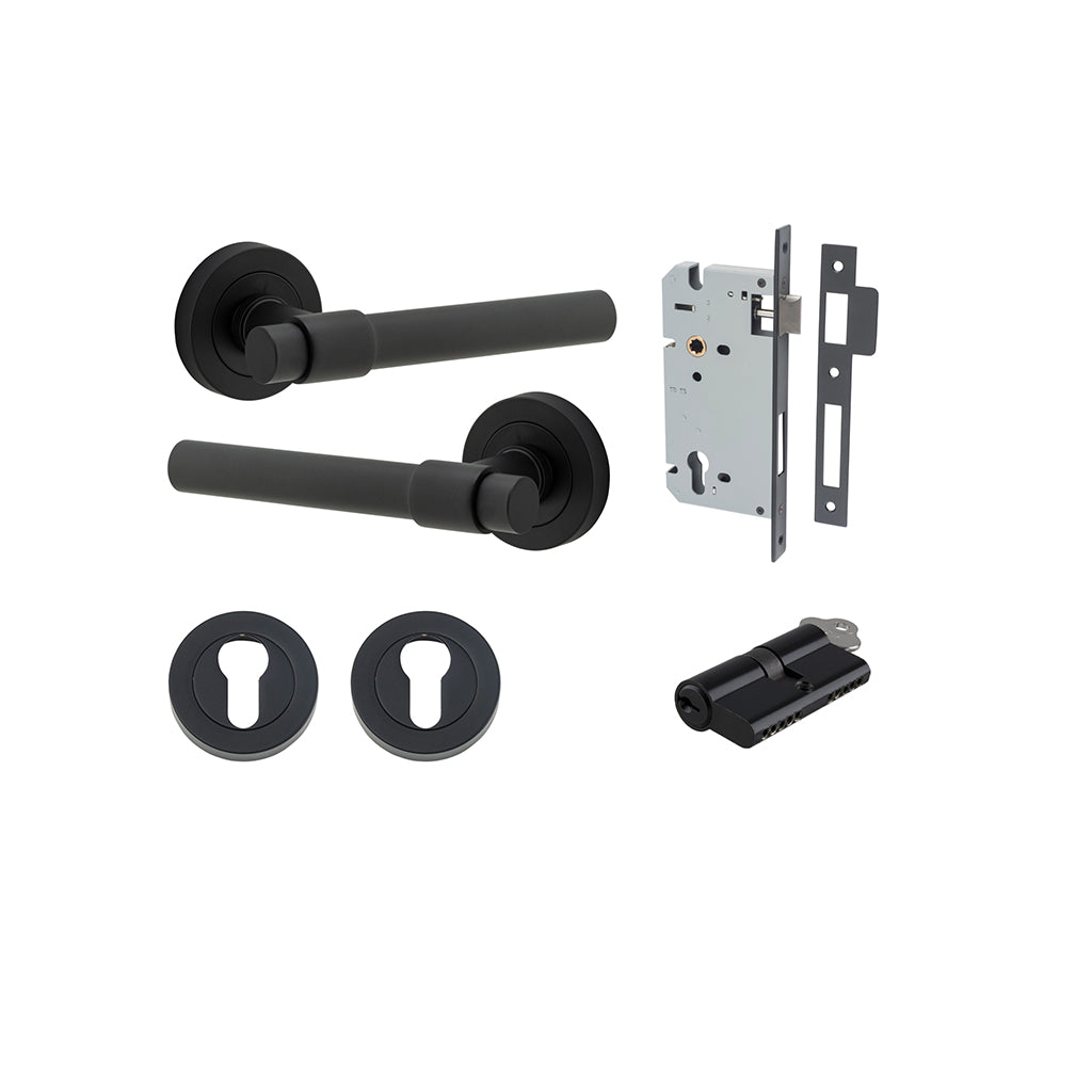 Helsinki Lever - Round Rose Matt Black / Entrance / Entrance Kit Dual Function (Key-Key)