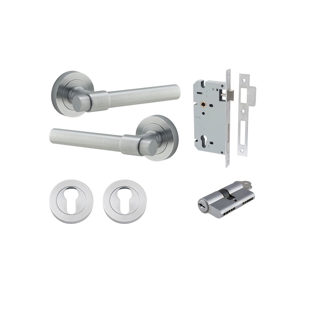 Helsinki Lever - Round Rose Brushed Chrome / Entrance / Entrance Kit Dual Function (Key-Key)