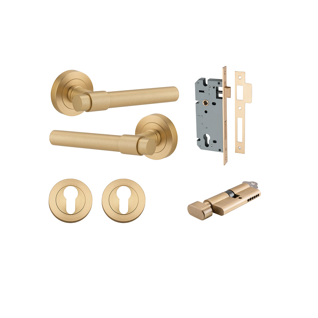 Helsinki Lever - Round Rose Brushed Brass / Entrance / Entrance Kit (Key-Thumb)
