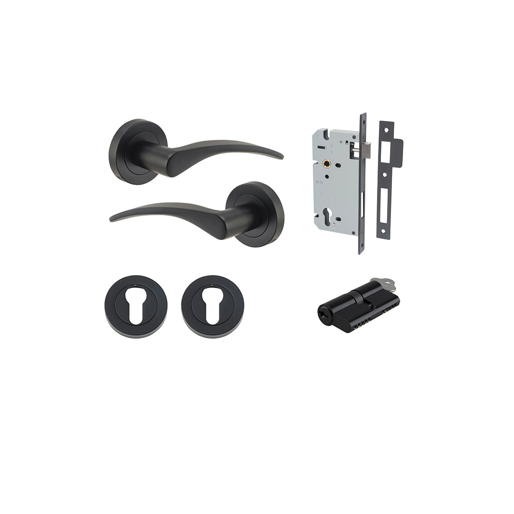 Oxford Lever - Round Rose Matt Black / Entrance / Entrance Kit Dual Function (Key-Key)
