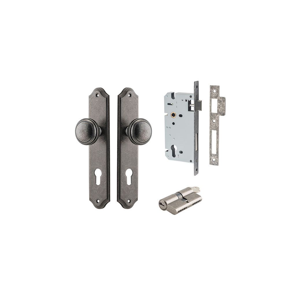 Paddington Knob - Shouldered Backplate Distressed Nickel / Entrance / Entrance Kit Dual Function (Key-Key)