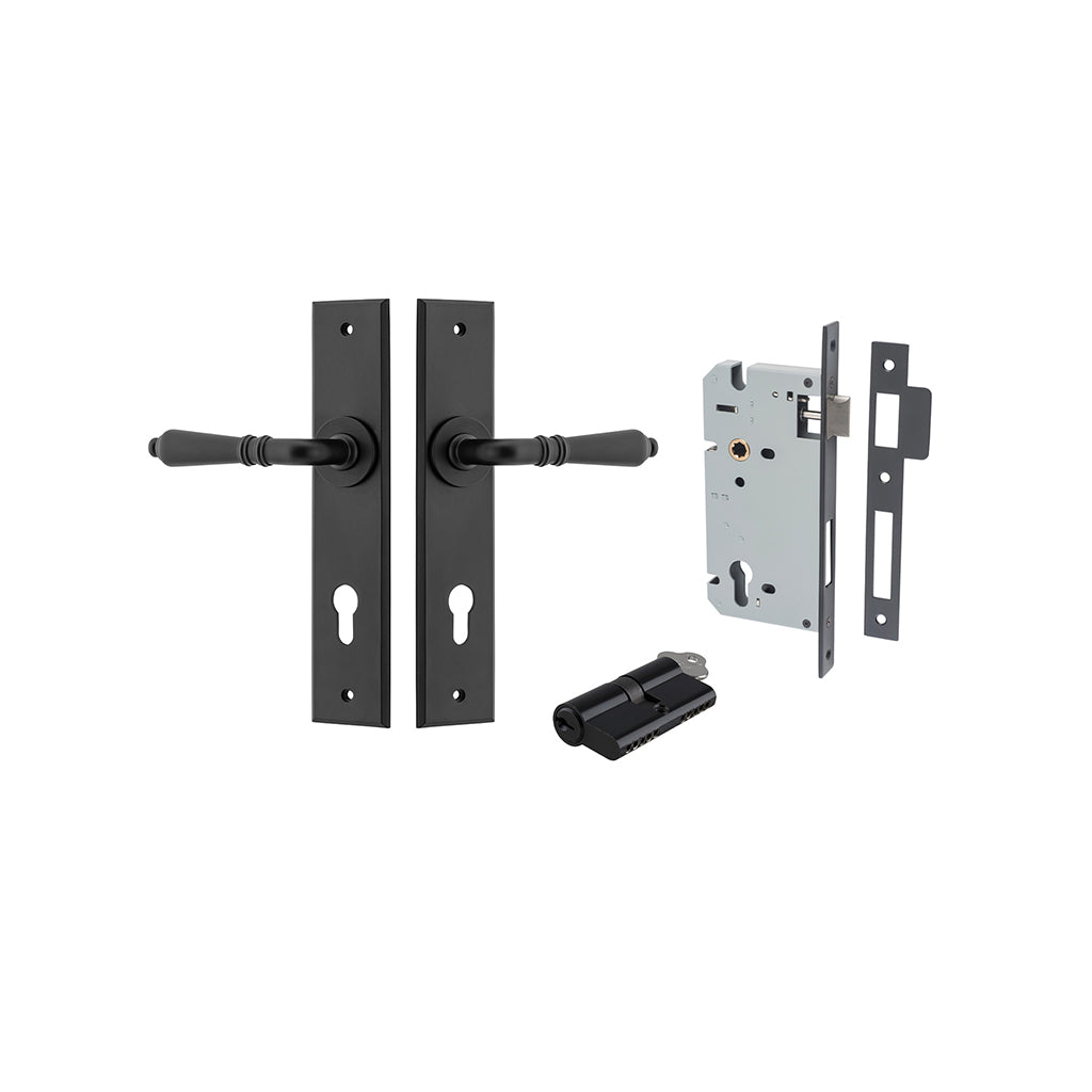 Sarlat Lever - Chamfered Backplate Matt Black / Entrance / Entrance Kit Dual Function (Key-Key)