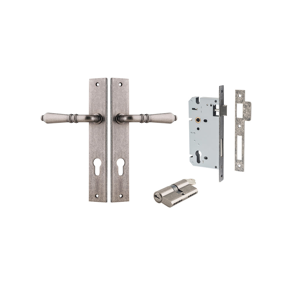 Sarlat Lever - Rectangular Backplate Distressed Nickel / Entrance / Entrance Kit Dual Function (Key-Key)