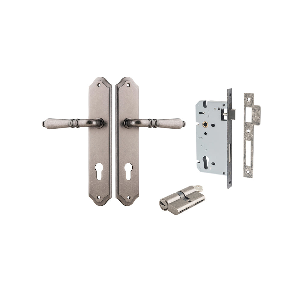 Sarlat Lever - Shouldered Backplate Distressed Nickel / Entrance / Entrance Kit Dual Function (Key-Key)