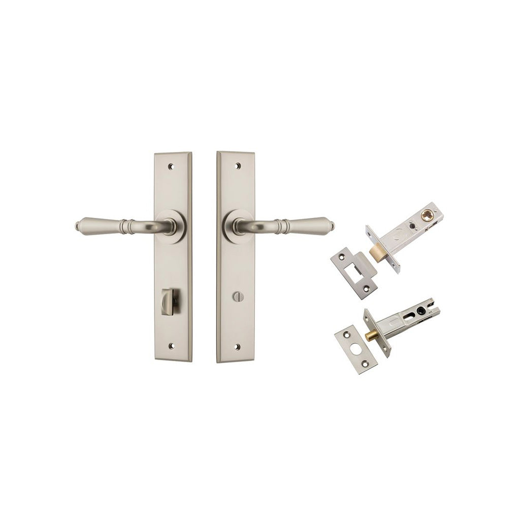 Sarlat Lever - Chamfered Backplate Satin Nickel / Privacy / Separate Privacy Kit