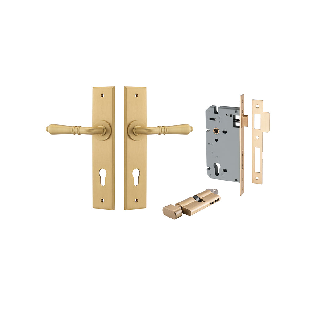 Sarlat Lever - Chamfered Backplate Brushed Brass / Entrance / Entrance Kit (Key-Thumb)