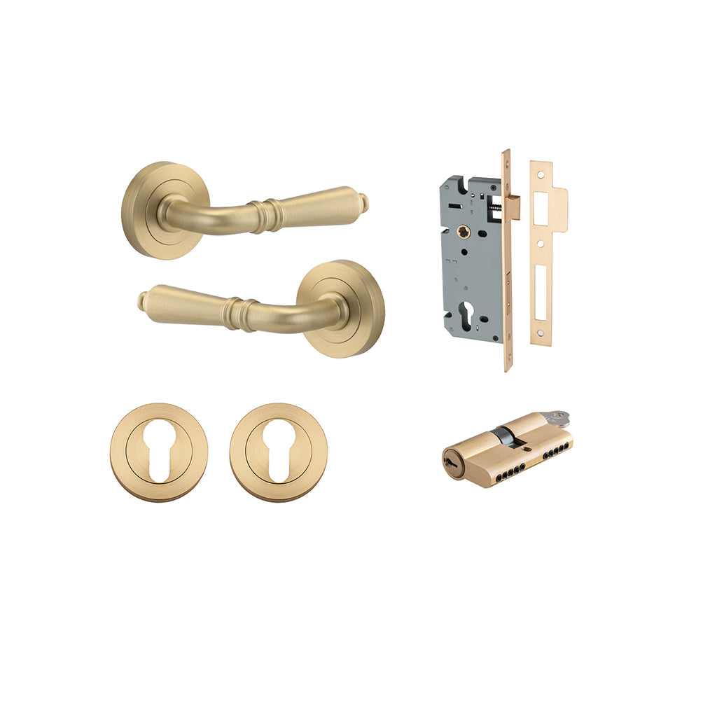 Sarlat Lever - Round Rose Brushed Brass / Entrance / Entrance Kit Dual Function (Key-Key)