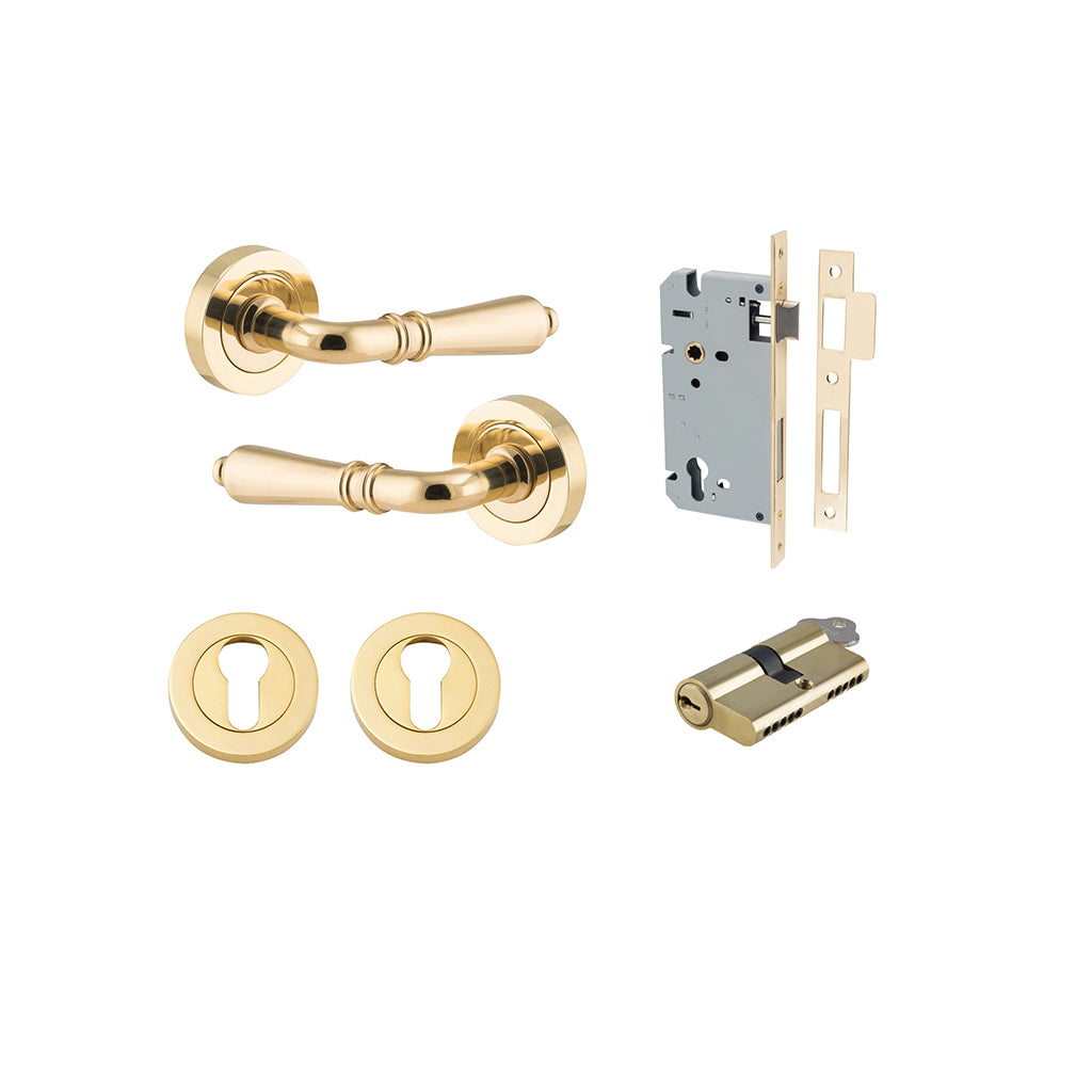 Sarlat Lever - Round Rose Polished Brass / Entrance / Entrance Kit Dual Function (Key-Key)