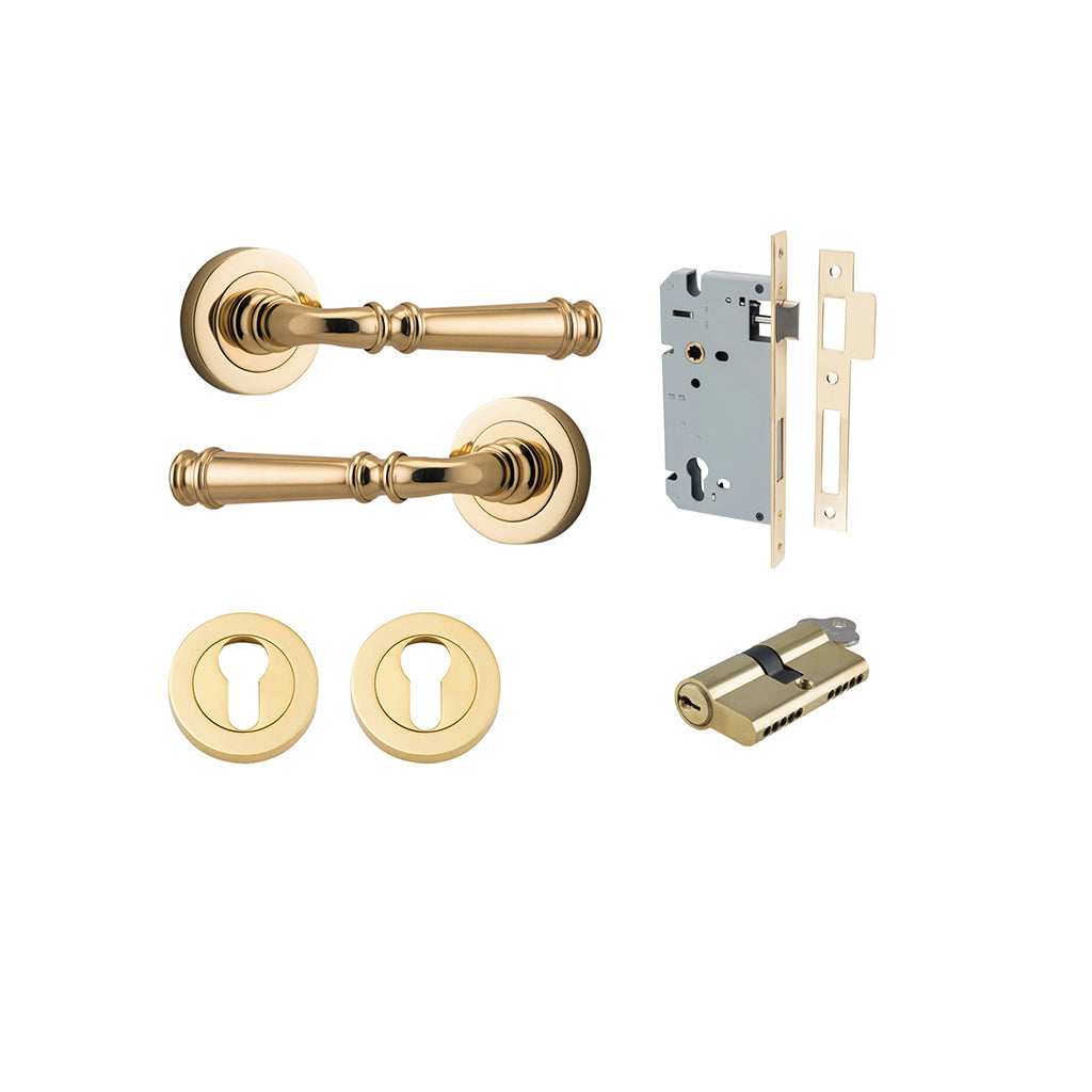 Verona Lever - Round Rose Polished Brass / Entrance / Entrance Kit Dual Function (Key-Key)