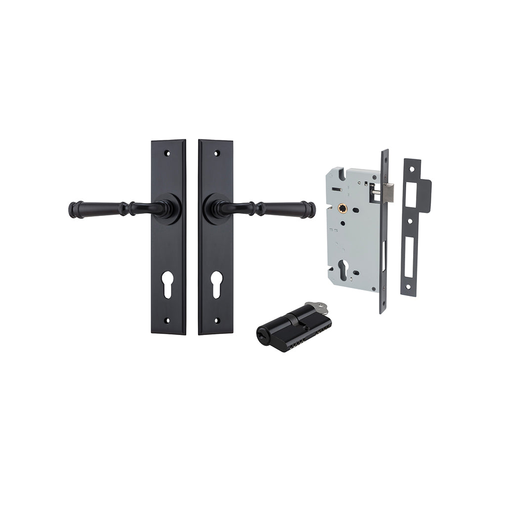 Verona Lever - Chamfered Backplate Matt Black / Entrance / Entrance Kit Dual Function (Key-Key)