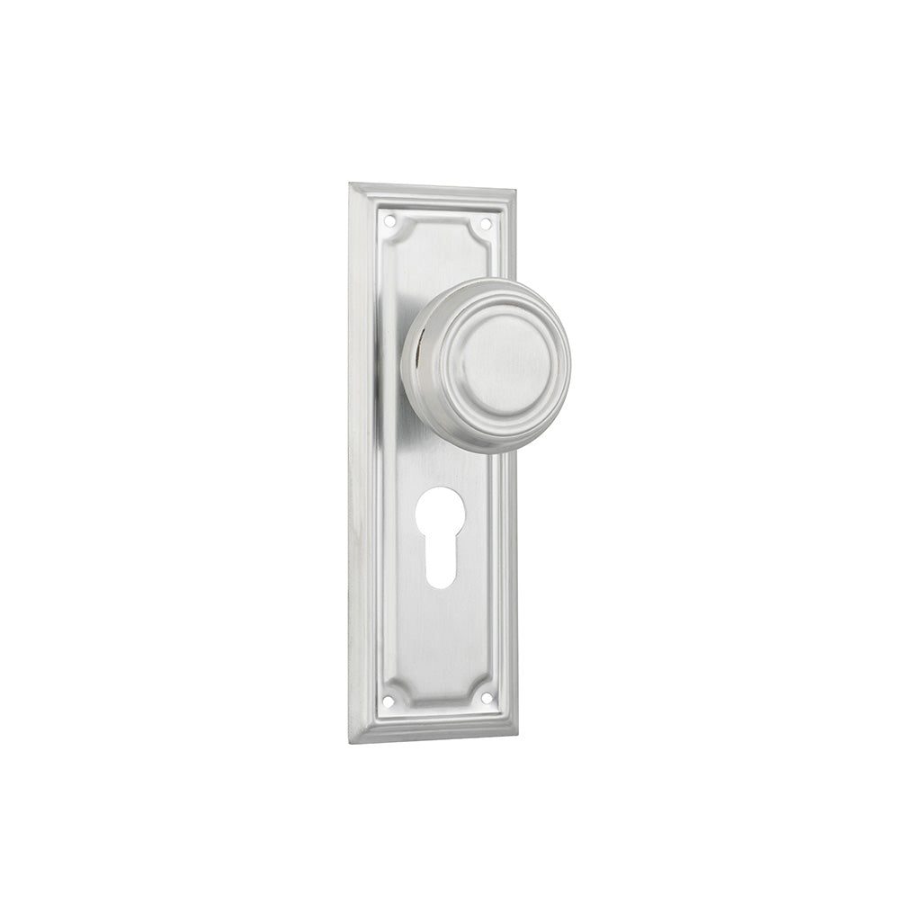 Edwardian Door Knob - Long Backplate Satin Chrome / Entrance / Lever Set Only