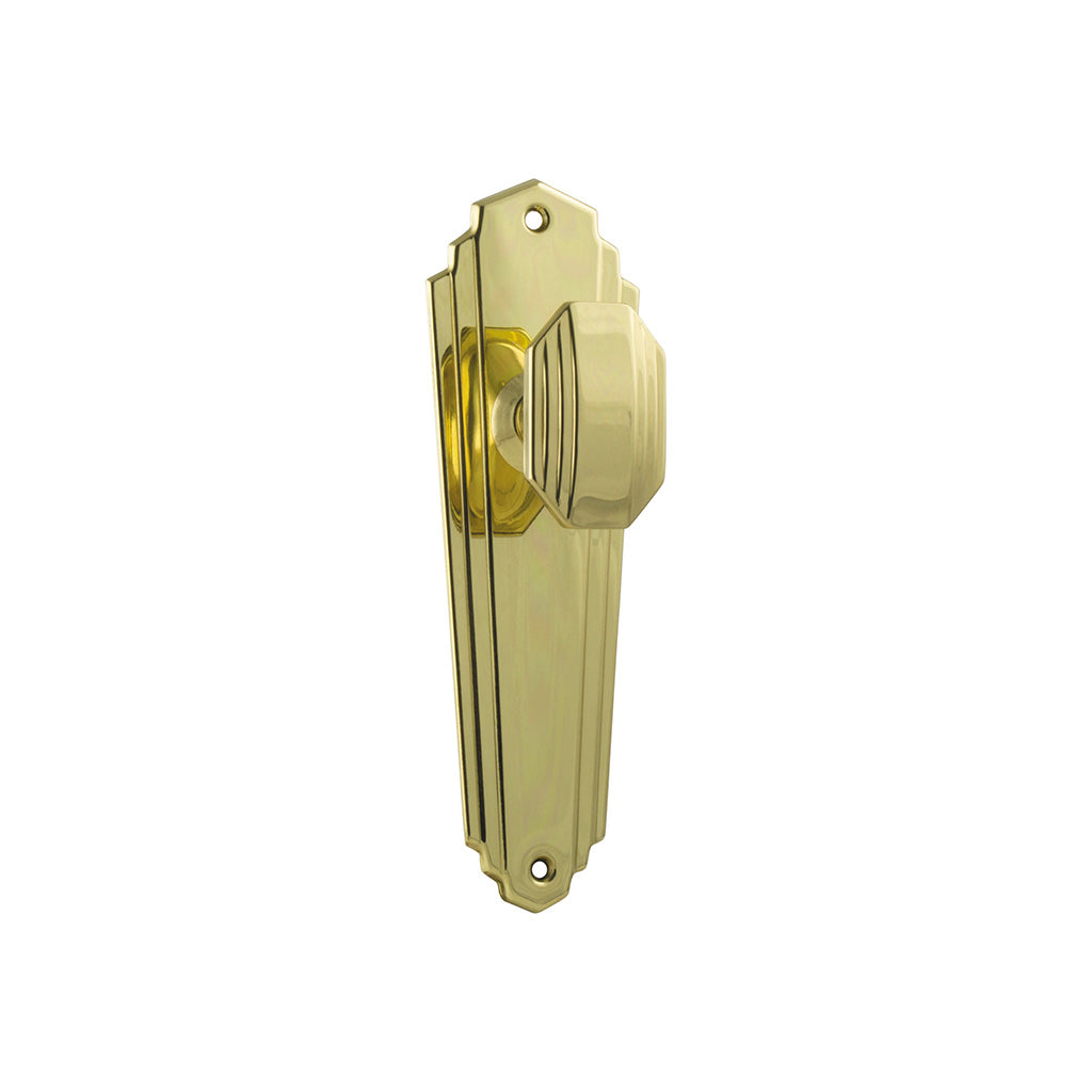 Elwood Art Deco Door Knob - Long Backplate Polished Brass / Passage / Lever Set Only
