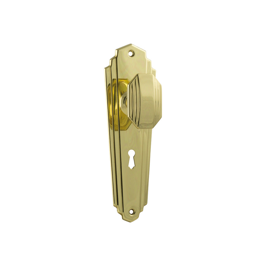 Elwood Art Deco Door Knob - Long Backplate Polished Brass / Lock (Skeleton Key) / Lever Set Only
