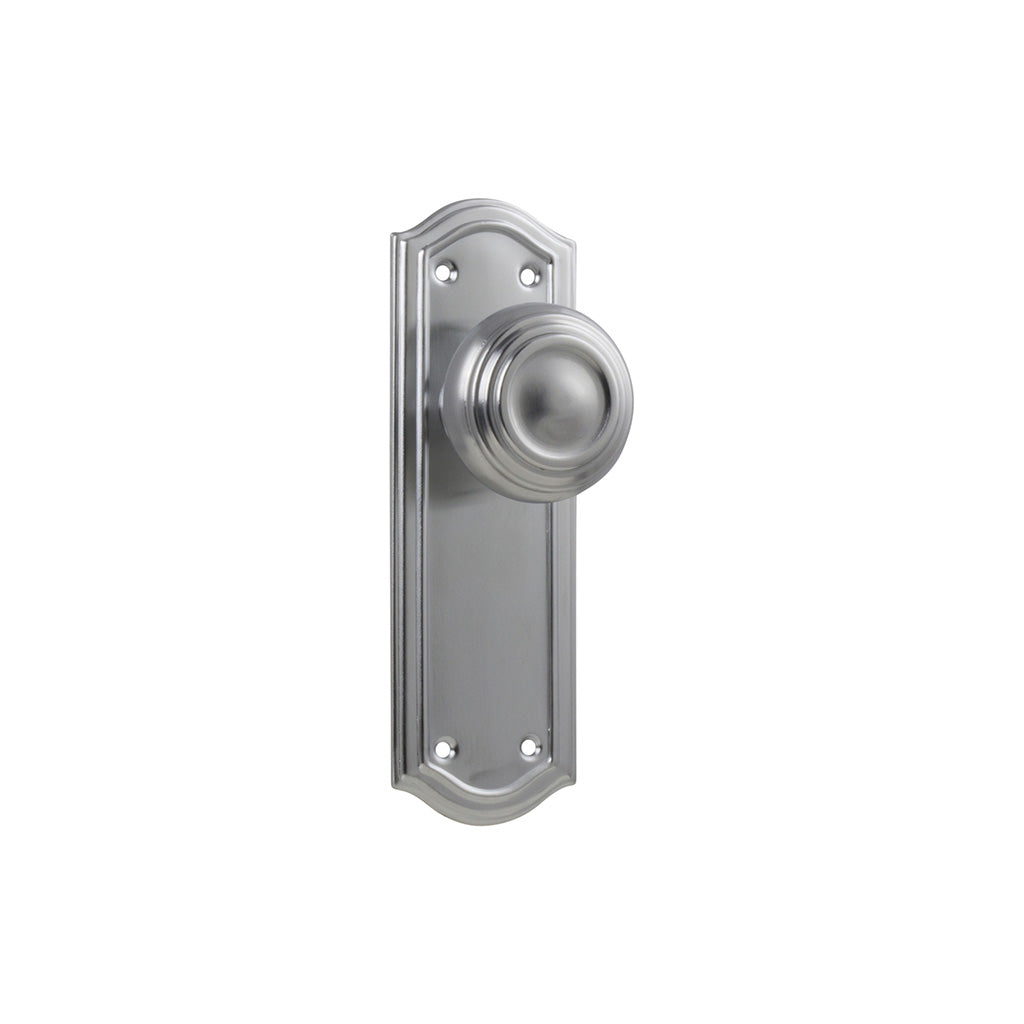 Kensington Door Knob - Long Backplate Satin Chrome / Passage / Lever Set Only