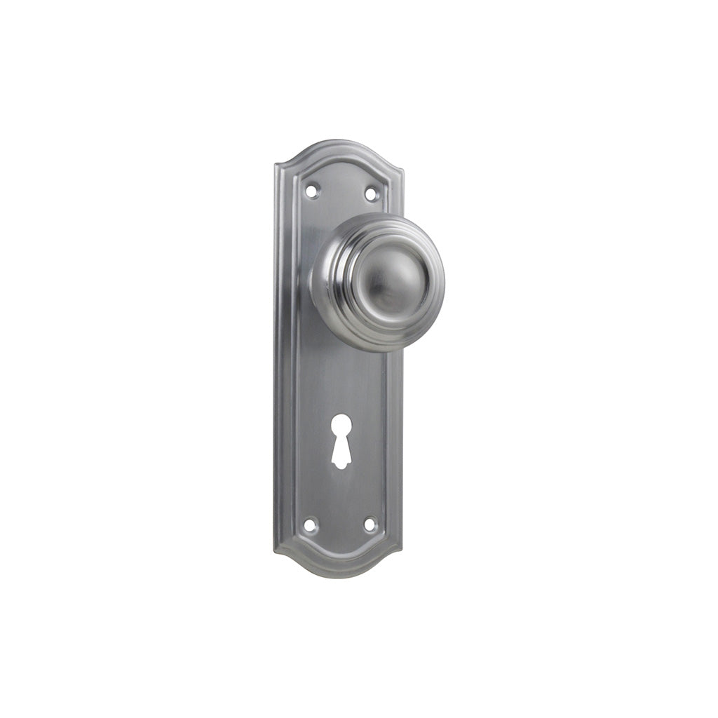 Kensington Door Knob - Long Backplate Satin Chrome / Lock (Skeleton Key) / Lever Set Only