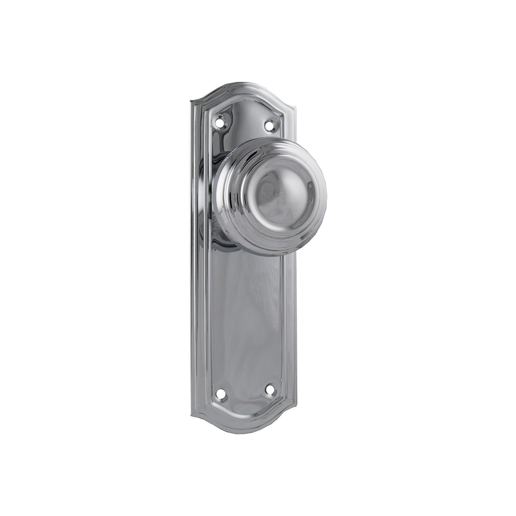 Kensington Door Knob - Long Backplate Chrome Plated / Passage / Lever Set Only