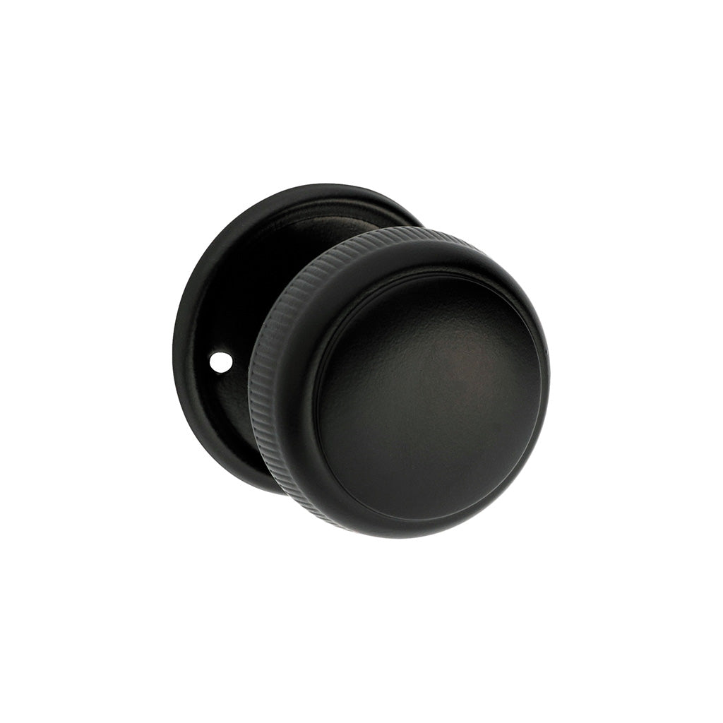 Large Milled Edged Mortice Knob - Round Rose Matt Black / Passage / Lever Set Only