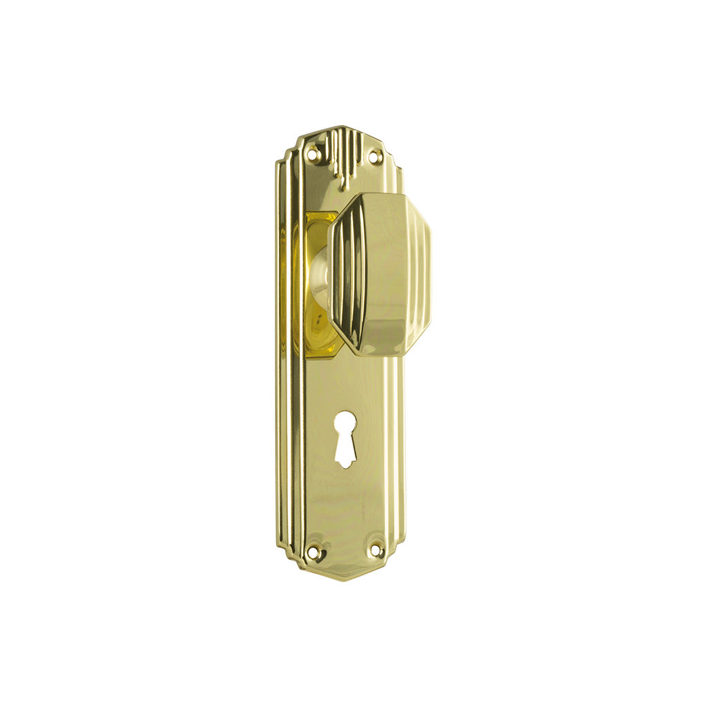 Napier Art Deco Door Knob - Long Backplate Polished Brass / Lock (Skeleton Key) / Lever Set Only