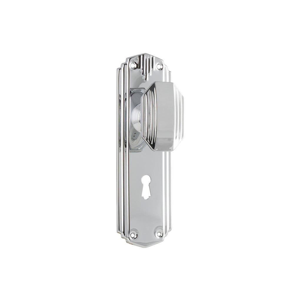 Napier Art Deco Door Knob - Long Backplate Chrome Plated / Lock (Skeleton Key) / Lever Set Only