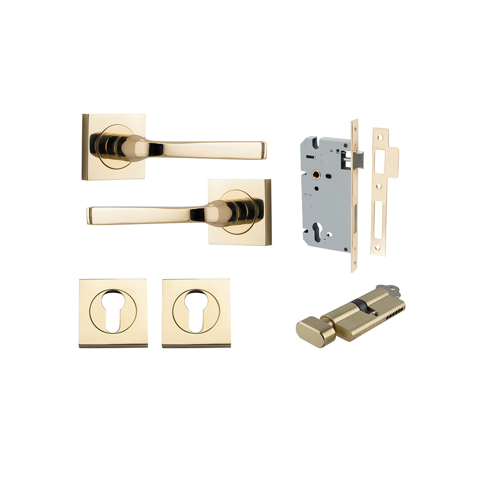 Annecy Lever - Square Rose Polished Brass / Entrance / Entrance Kit (Key-Thumb)