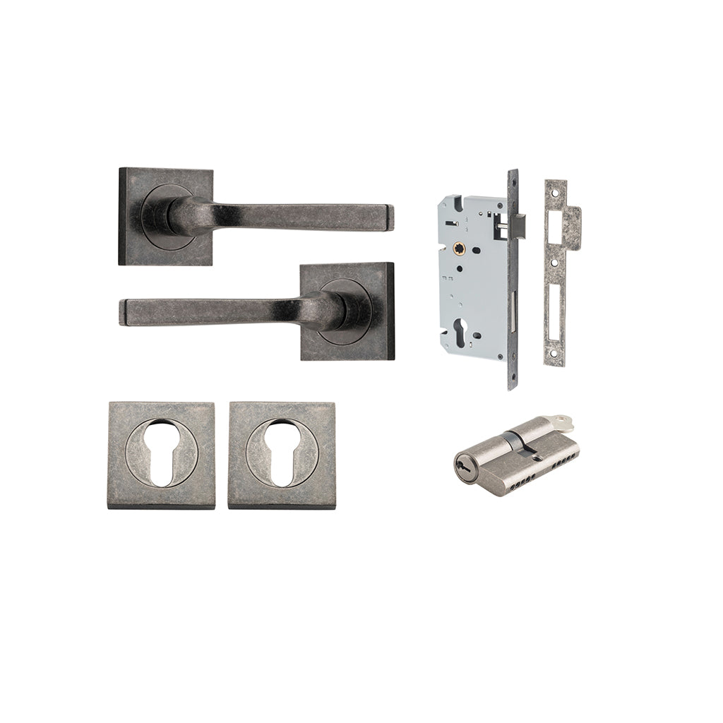Annecy Lever - Square Rose Distressed Nickel / Entrance / Entrance Kit Dual Function (Key-Key)